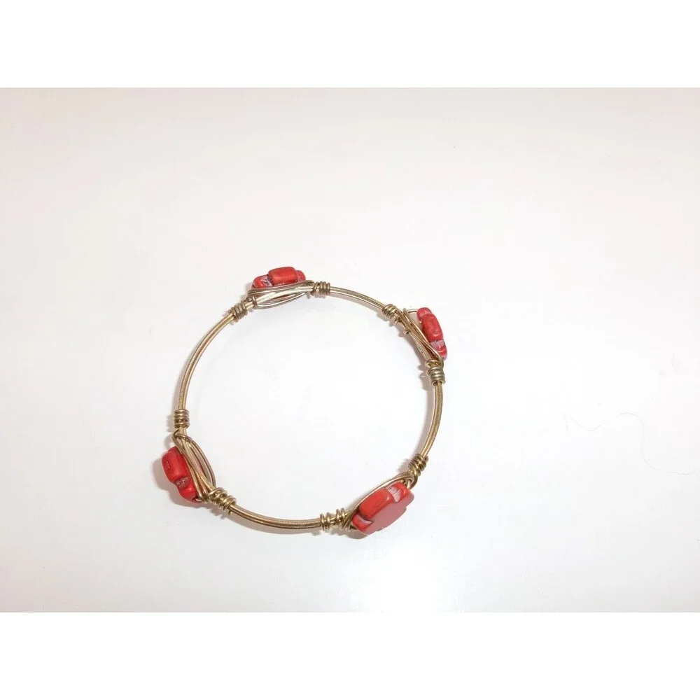 Red Maltese Cross Bourbon & Bowties Artisan Wired Gemstone Bracelet Unsigned